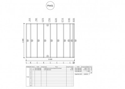PIN 01 (PANEL INTERIOR 01)<br />Tiene 3 partes: el panel visto de frente (vista) de &quot;arriba&quot; (planta) y el cuadro de abajo con el detalle del largo de cada perfil